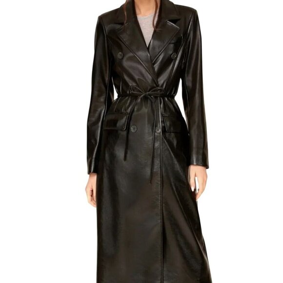 Avec Les Filles Jackets & Blazers - Avec Les Filles Black Faux Leather Double-Breasted Belted Trench Coat Size L